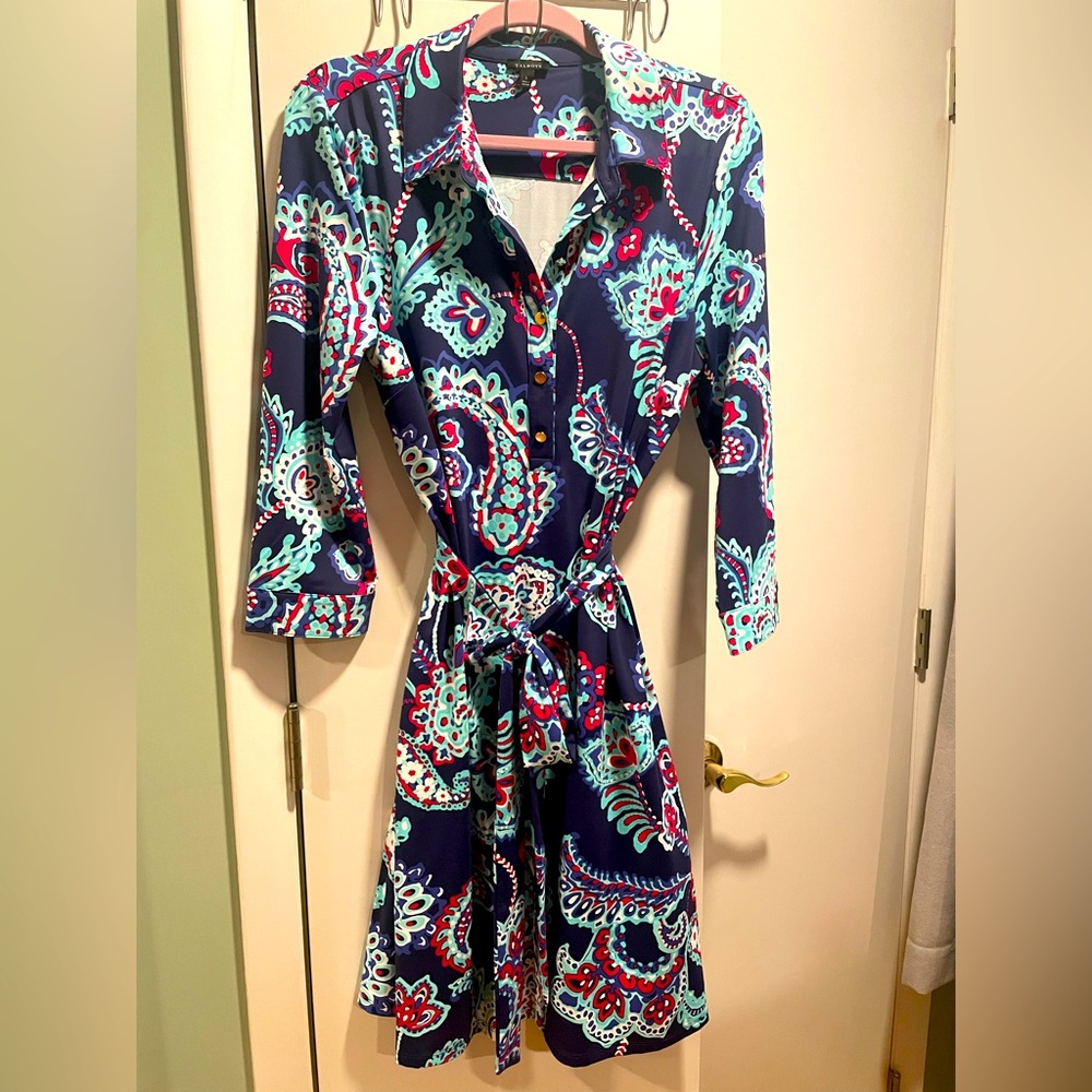 Talbots Navy and Teal Paisley 3/4 Sleeve Dress